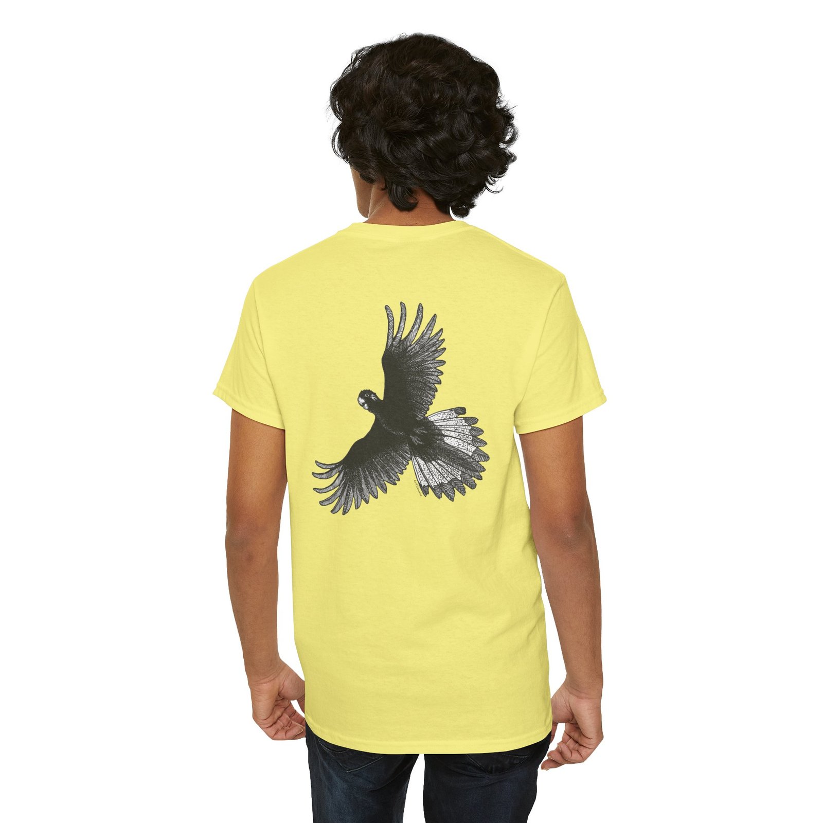 Yellow Tail Black Cockatoo on Back Adult Unisex Cotton T-Shirt - Image 2